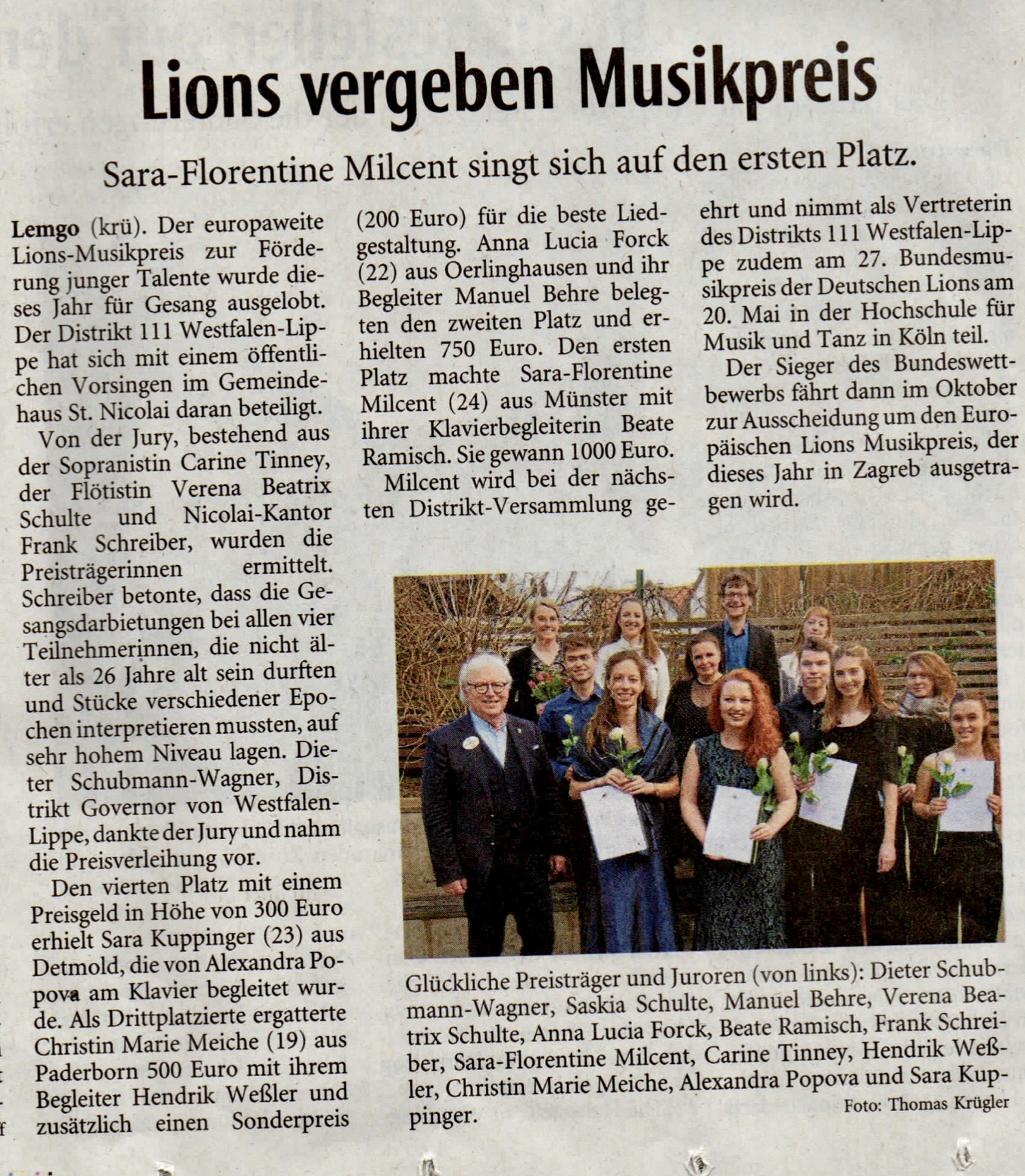 Lippischen Landeszeitung erschienene Pressemitteilung zum Lions Musikwettbewerb WL am 19.02.2022 in Lemgo.